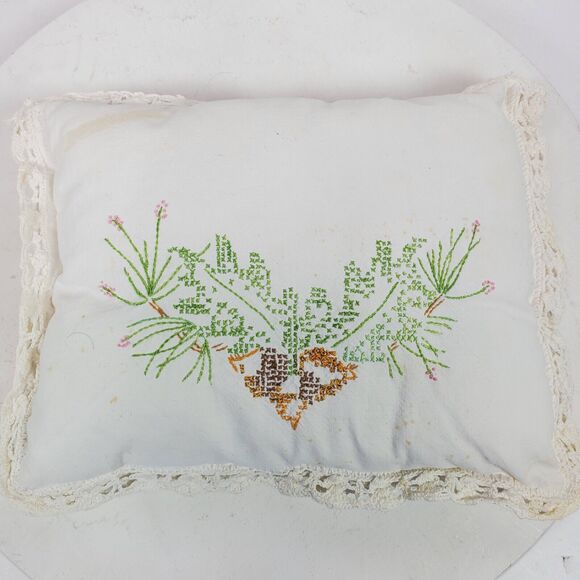 Vintage Hand Crafted Cross Stitch Throw Pillow 10x8 Inch Green Orange Pink - Picture 1 of 3